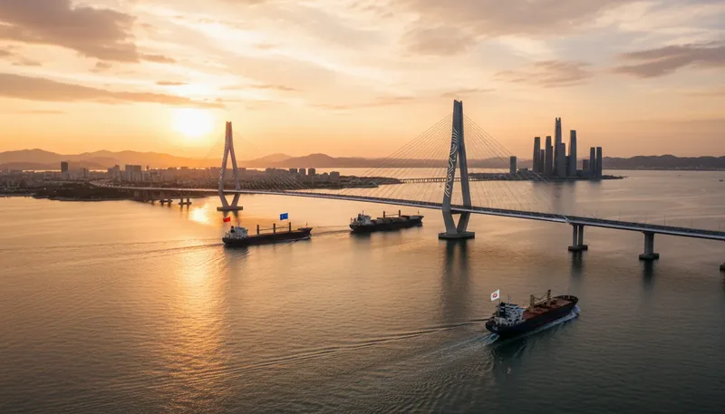 Brücke über einen Hafen in der Abenddämmerung
